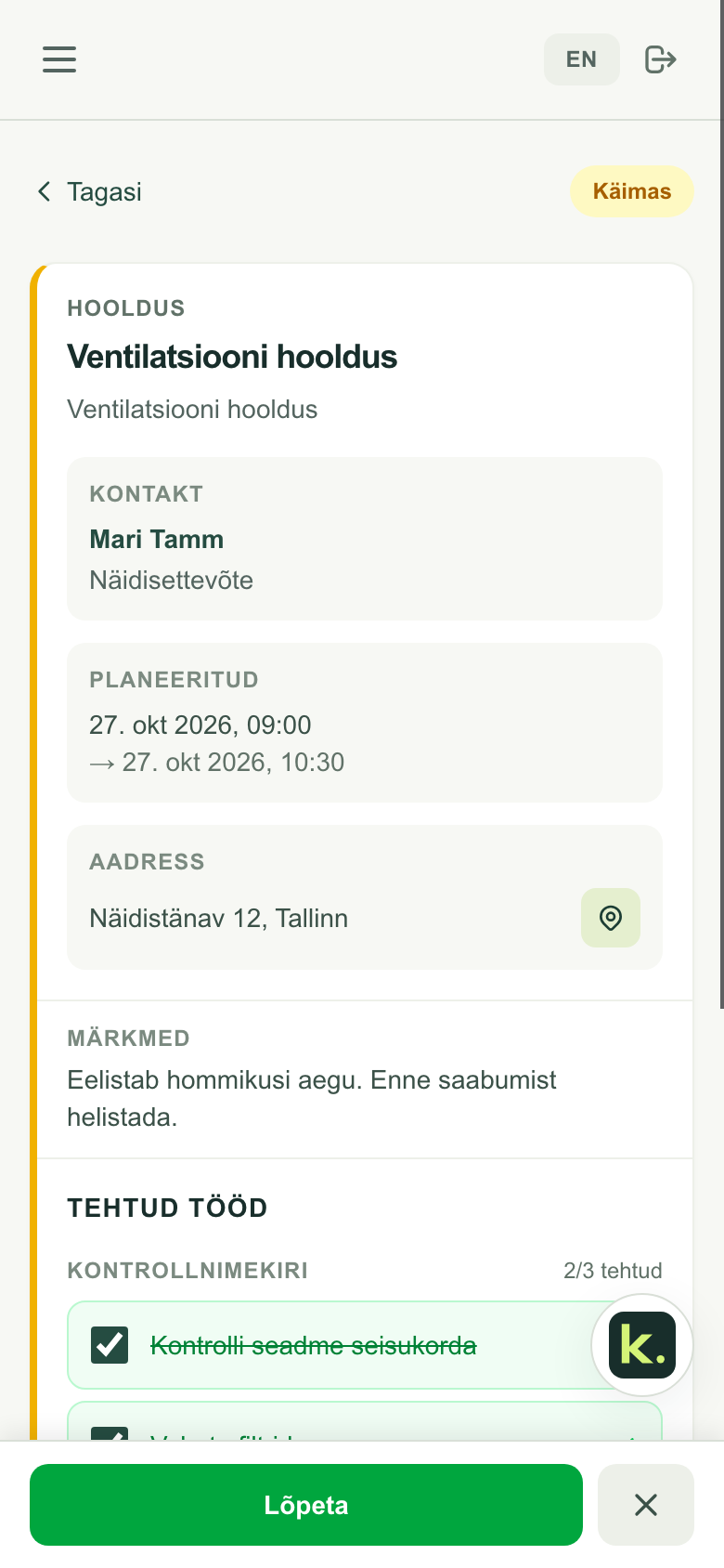 Kliento tegelik telefonivaade